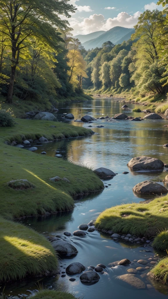 a simple river with moss-covered stones, serene landscape, idyllic nature scene, tranquil atmosphere, golden hour lighting, lush greenery, reflected clouds, still water, peaceful ambiance, warm color palette, photorealistic, highly detailed, cinematic composition, masterpiece