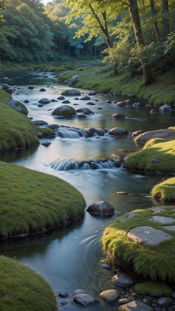 a simple river with moss-covered stones, serene landscape, idyllic nature scene, tranquil atmosphere, golden hour lighting, lush greenery, reflected clouds, still water, peaceful ambiance, warm color palette, photorealistic, highly detailed, cinematic composition, masterpiece