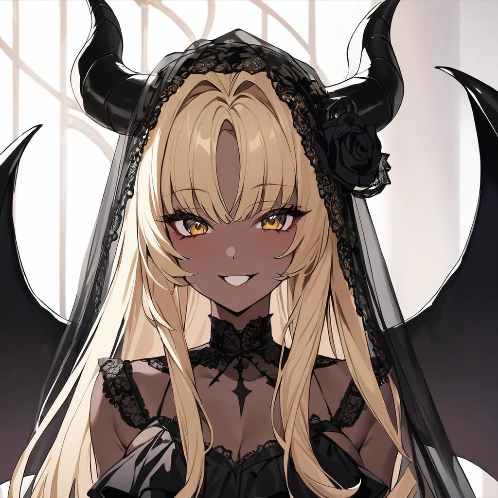 ((Highest quality)), ((masterpiece)), (detailed), (Perfect Face)、The woman is a sexy devil with jet black skin、The woman is a jet-black female demon winking at the camera with cute, idol-like fawning gestures. She has impressive devil horns, jet-black devil wings, and a jet-black tail. Her skin is jet-black and she is a naked jet-black demon named Princess Leona. She has medium-long light brown hair, and is a demon in both body and mind. She has the expression of a maiden in love.、The woman is the wife of a dignified and powerful demon king, her beloved husband.