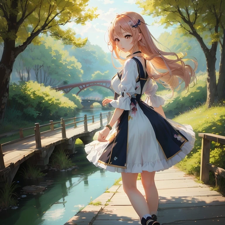anime girl standing on a bridge looking at a river, cute anime waifu in a nice dress, rin, anime girl walking on water, smooth anime cg art, beautiful anime girl, young anime girl, beautiful anime portrait, beautiful anime artwork, beautiful anime art, painted in anime painter studio, marin kitagawa fanart, anime visual of a cute girl