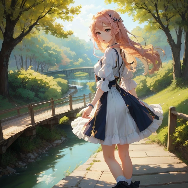 anime girl standing on a bridge looking at a river, cute anime waifu in a nice dress, rin, anime girl walking on water, smooth anime cg art, beautiful anime girl, young anime girl, beautiful anime portrait, beautiful anime artwork, beautiful anime art, painted in anime painter studio, marin kitagawa fanart, anime visual of a cute girl