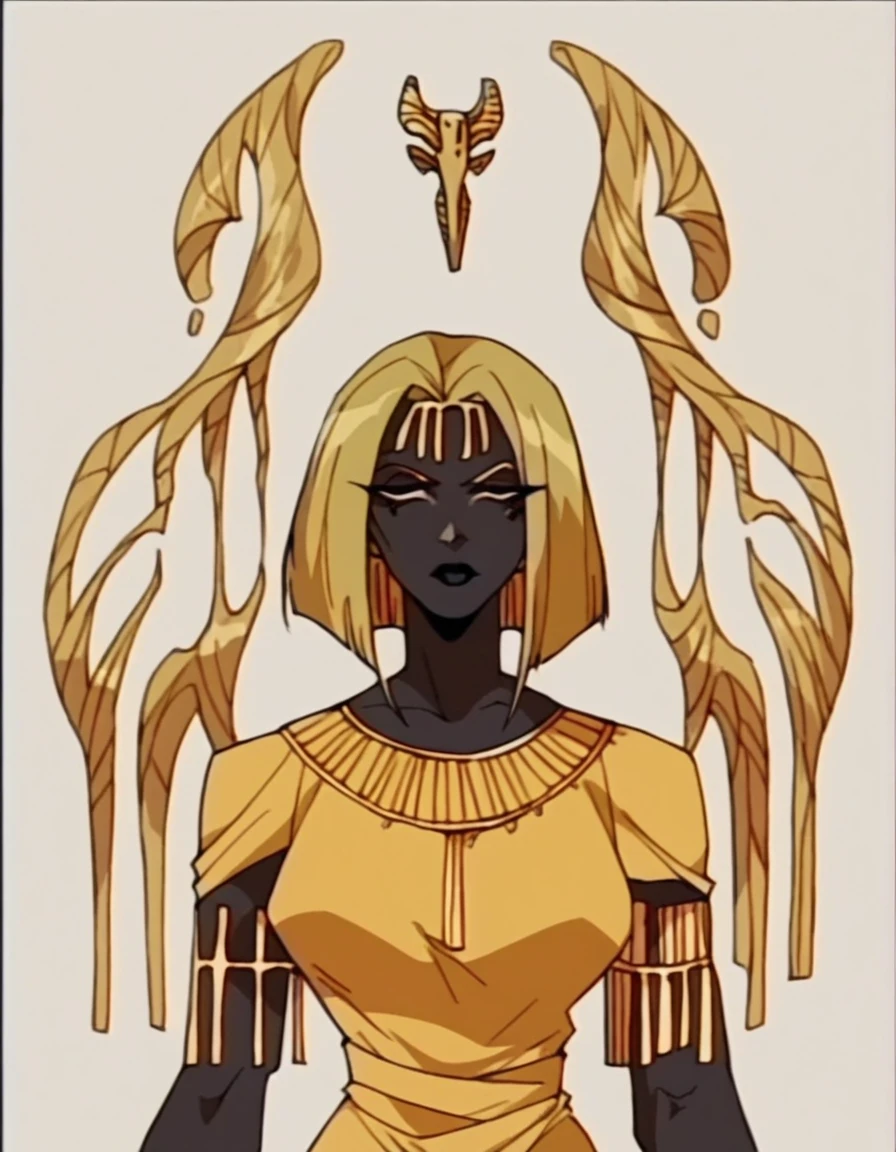 black buff strong woman character, tall woman, black skin, strong arms, long fringe hair, blonde hair, blonde fringe hair, feline eyes, scales in the arms, black lips, yellow dress, egypt hair,