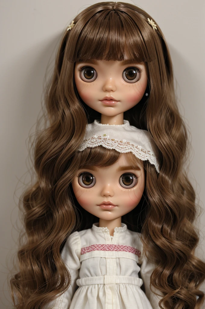 Make a blythe doll with light brown wavy hair without bangs, brown eyes and white skin