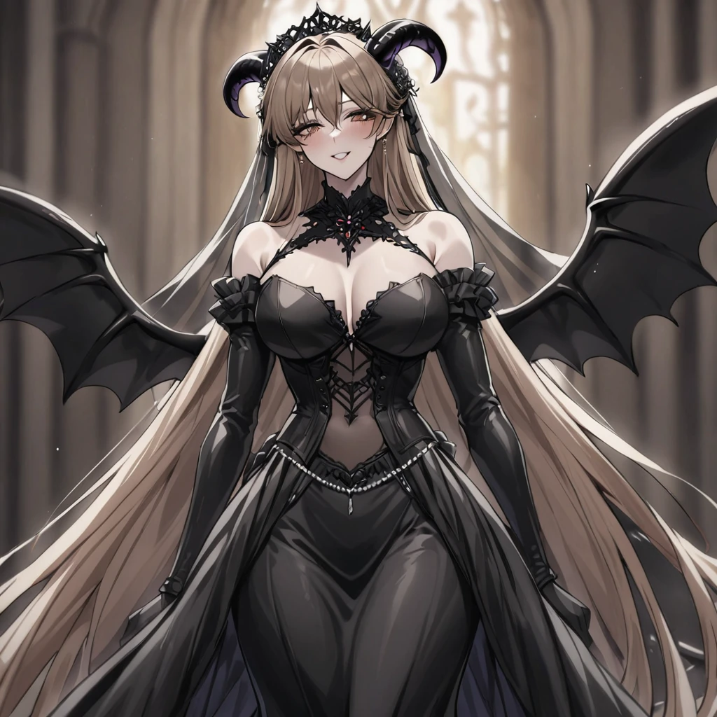 ((Highest quality)), ((masterpiece)), (detailed), （Perfect Face）、The woman is a sexy, dark-skinned demon.、The woman is a jet-black female demon with magnificent devil horns, jet-black devil wings and a jet-black tail, her skin is jet-black, she is wearing a luxurious black gothic Victorian wedding dress and a black wedding veil, she is embracing the dignified and powerful Great Demon King, her whole body being loved by the Demon King, she is looking into the camera with a happy expression and is approaching for a kiss, she is the jet-black demon Princess Leona at her wedding, she has medium-long light brown hair, she is a demon in both body and mind, and she has the expression of a maiden in love.、The man is a dignified and powerful demon king, embracing the woman and looking into the camera as they hold their wedding ceremony, loving and adoring each other.