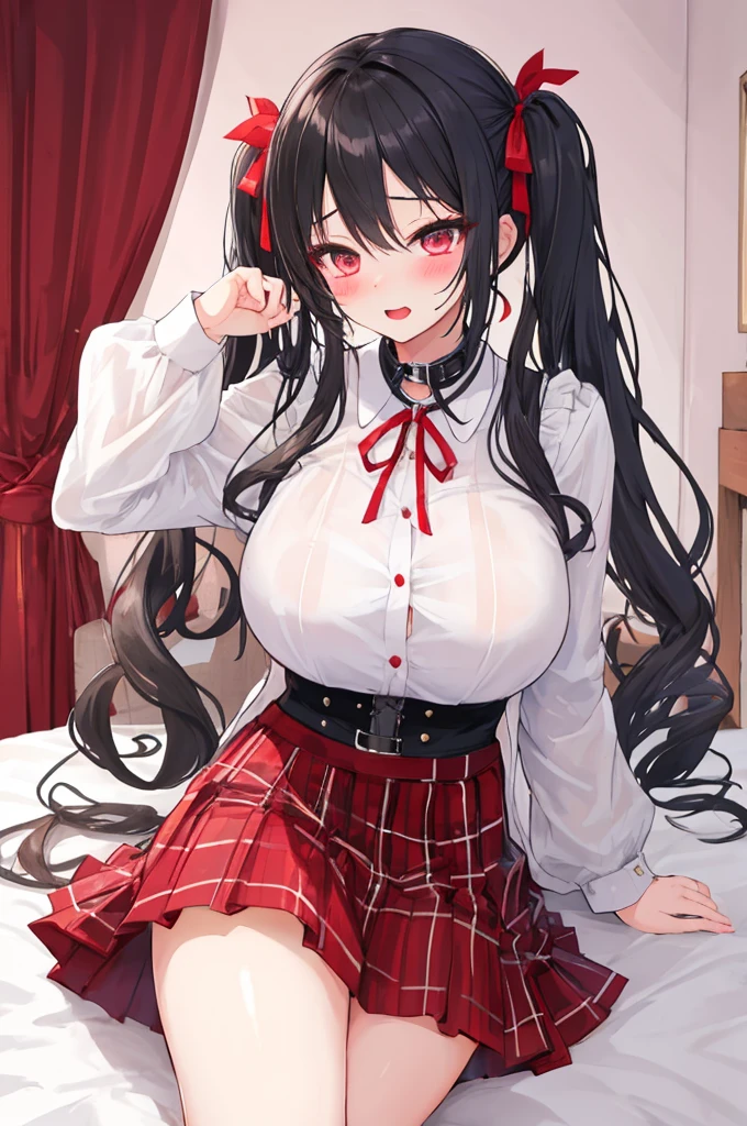 A woman with big ，ahegao，Black long hair，twintails，Exquisite，Charm，Red ribbon，Loose collar，Slim waist，pubic，Playful skirt，blush，bedroom，A cute daughter，