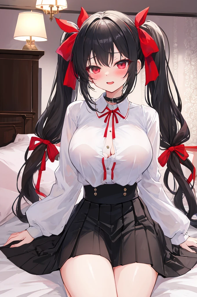 A woman with big ，ahegao，Black long hair，twintails，Exquisite，Charm，Red ribbon，Loose collar，Slim waist，pubic，Playful skirt，blush，bedroom，A cute daughter，