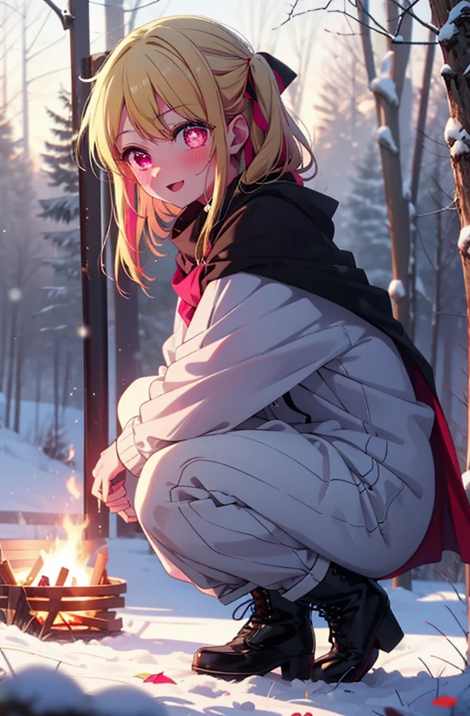 rubyhoshino, Hoshino Ruby, Long Hair, bangs, blonde, (Pink Eyes:1.3), Side Lock, (Symbol-shaped pupil:1.5), Multicolored Hair, Two-tone hair, smile,,smile,blush,White Breath,
Open your mouth,snow,Ground bonfire, Outdoor, boots, snowing, From the side, wood, suitcase, Cape, Blurred, , forest, White handbag, nature,  Squat, Mouth closed, Cape, winter, Written boundary depth, Black shoes, red Cape break looking at viewer, Upper Body, whole body, break Outdoor, forest, nature, break (masterpiece:1.2), Highest quality, High resolution, unity 8k wallpaper, (shape:0.8), (Beautiful and beautiful eyes:1.6), Highly detailed face, Perfect lighting, Extremely detailed CG, (Perfect hands, Perfect Anatomy),