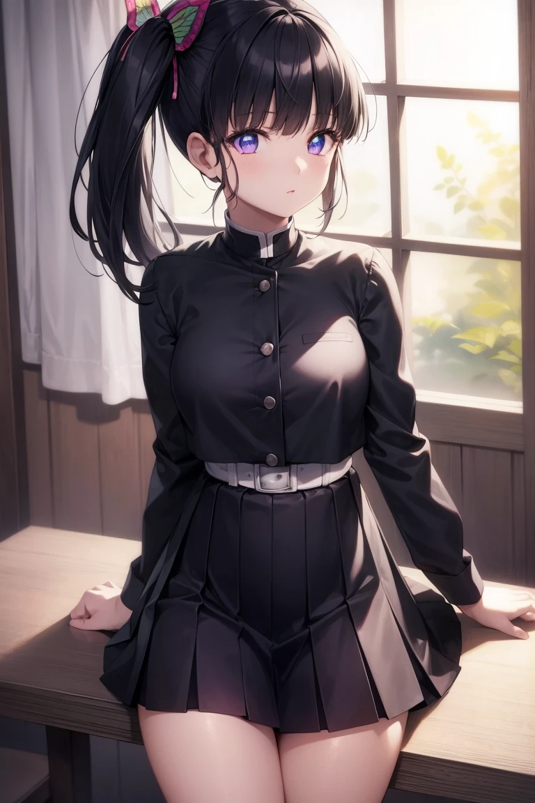 Kanao Tsuyuri, Kanao Tsuyuri, black hair, butterfly, butterfly hair ornament, (purple eyes:1.1), side ponytail, ponytail, NFV,
BREAK black skirt, e.g, Demon Slayer Uniform, long sleeves, pleated skirt, skirt, white e.g,
BREAK looking at viewer,
BREAK indoors, dumb room,
BREAK (table:1.2), Best quality, A high resolution, Обои Unity 8k, (illustration:0.8), (beautiful detailed eyes:1.6), very detailed face, perfect lighting, very detailed computer graphics, (perfect hands, Ideal Anatomy),masterpiece,A high resolution,Ideal Anatomy,Cinematic lighting,anime keyvisual,beautiful detailed eyes,Best quality,unity 8k wallpaper,super detailed skin,White skin,White lace panties,knees up,upskirt, touch your breasts with your hand, panties visible