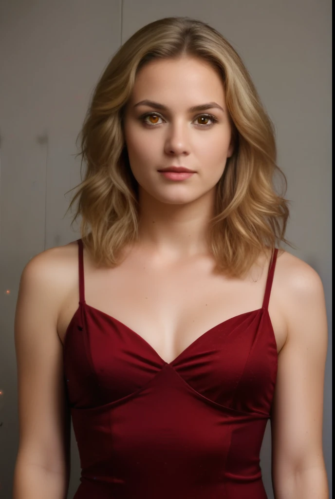 girl with blonde brown hair, and short to the shoulders, with amber eyes with Brooke Shields features. realistic style