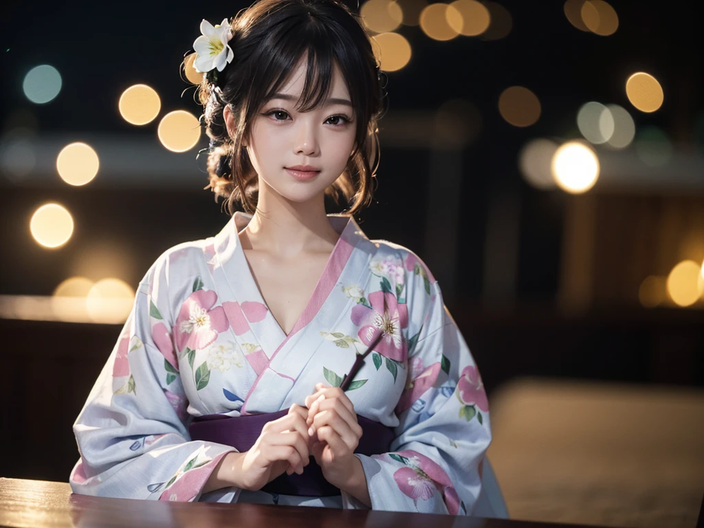 (Tabletop, Highest quality:1.4), ,The most beautiful in the world, 8K, 85mm, Absurd, (Floral Yukata:1.4), Upper body, Exposing the breasts、 Violet, Gardenias, Delicate girl, alone, night, View your viewers, Upper Body, Film Grain, chromatic aberration, Sharp focus, Face Light, Professional Lighting, Sophisticated, (smile:0.4), Cleavage, (Simple Background, Bokeh Background:1.2),