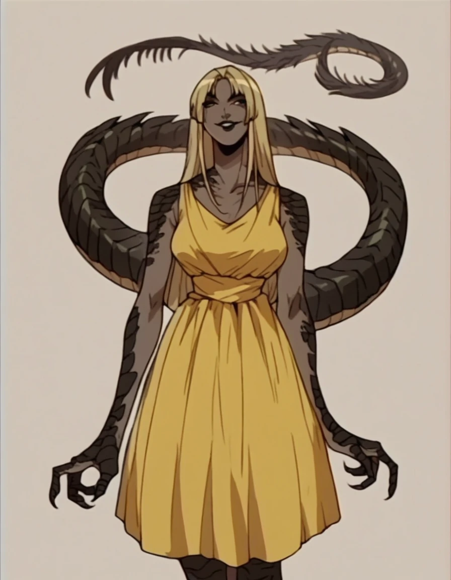 black buff strong woman character, tall woman, black skin, strong arms, long fringe hair, blonde hair, blonde fringe hair, feline eyes, scales in the arms, black lips, yellow dress, smile