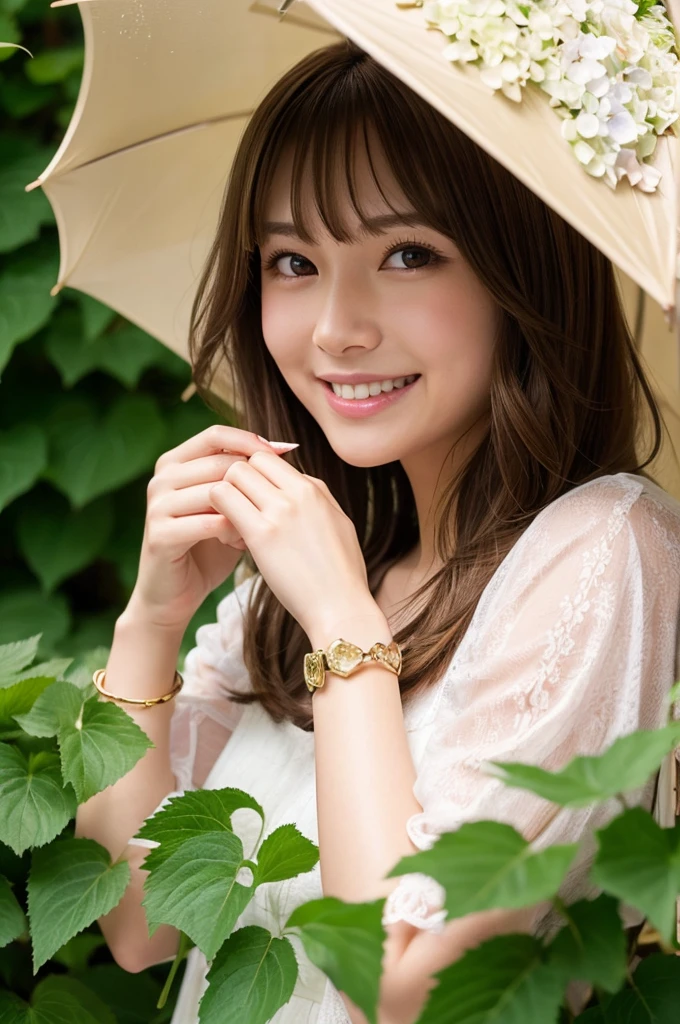Brown hair, short, medium-long, golden eyes, bangs, lots of hydrangeas, raining, hydrangea, holding an umbrella, bell bracelet, happy smile, holding out hand