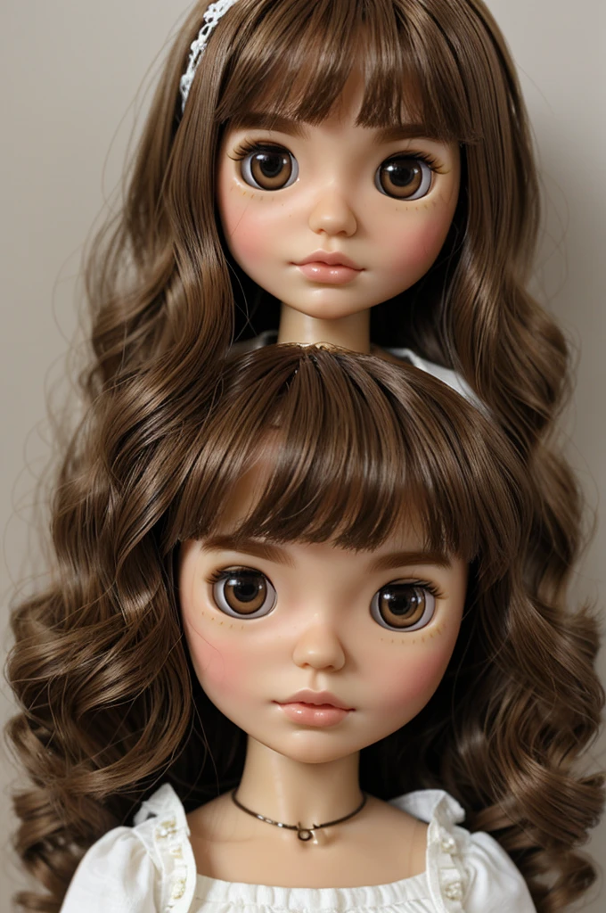 Make a one blythe doll with light brown wavy hair without bangs, brown eyes and white skin