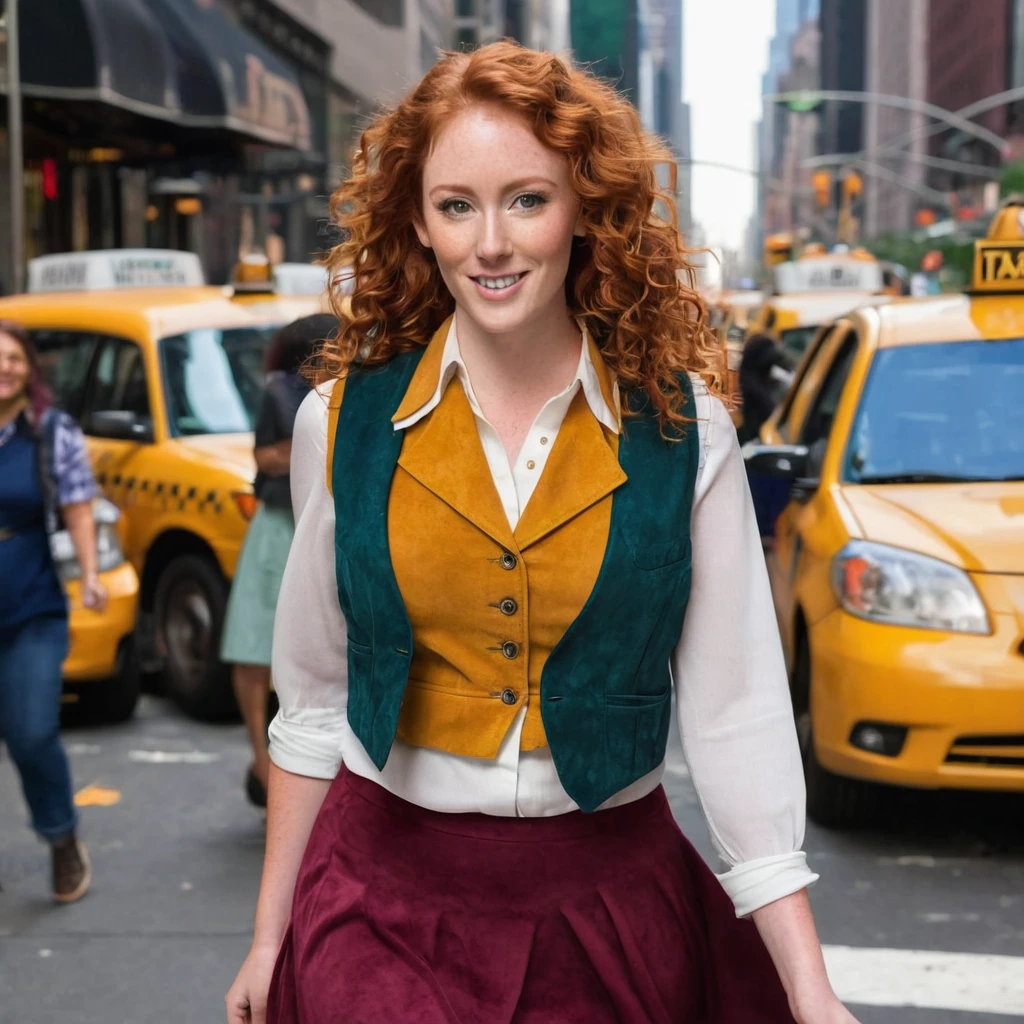 A New Zealand woman, Carina Longbottom, slender red-haired, 25-years-old, long auburn curly hair, big boops, beautiful face, wearing a colourful suede vest over an elegant shirt and wide skirt, walking down a New York street with Taxis