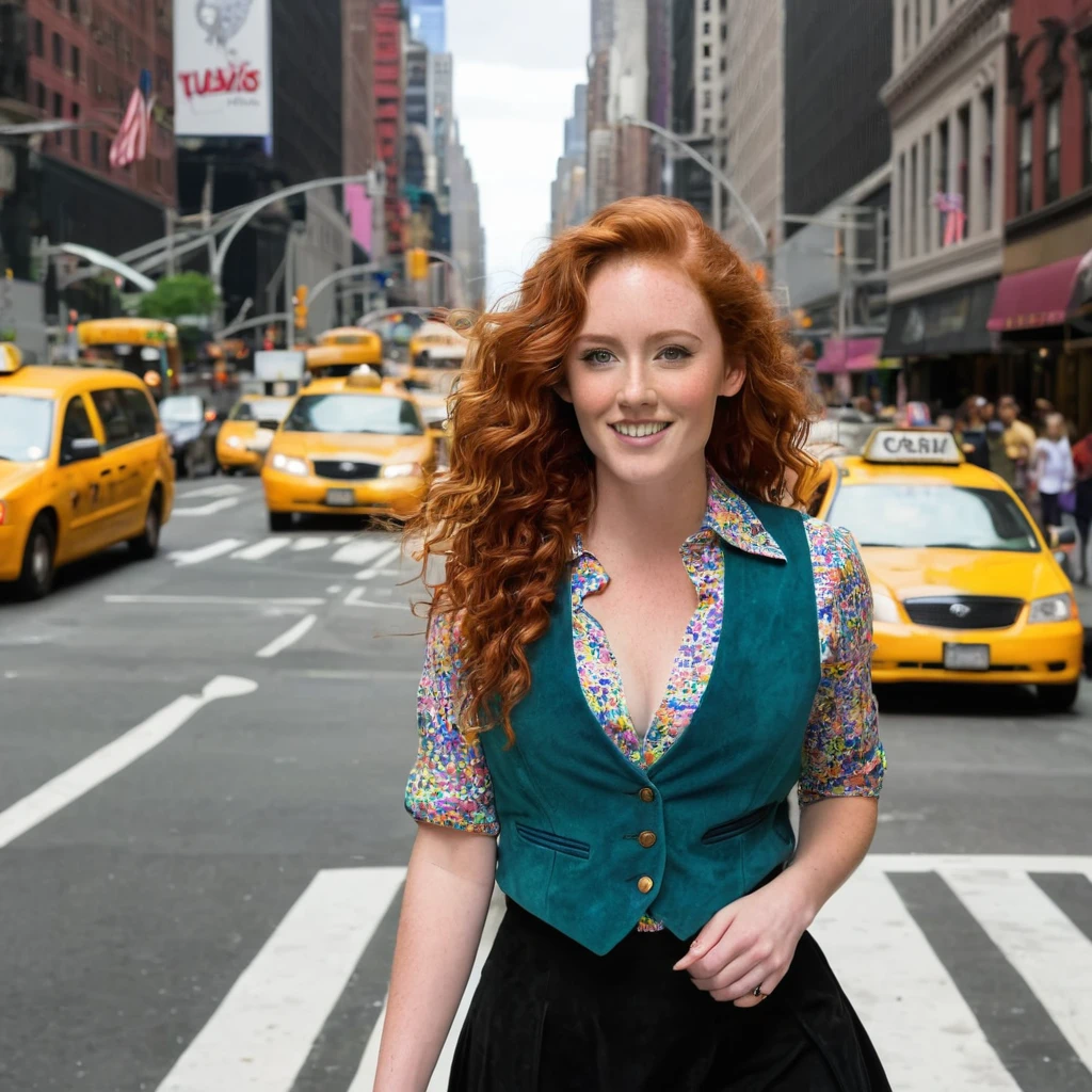 A New Zealand woman, Carina Longbottom, slender red-haired, 25-years-old, long auburn curly hair, big boops, beautiful face, wearing a colourful suede vest over an elegant shirt and wide skirt, walking down a New York street with Taxis
