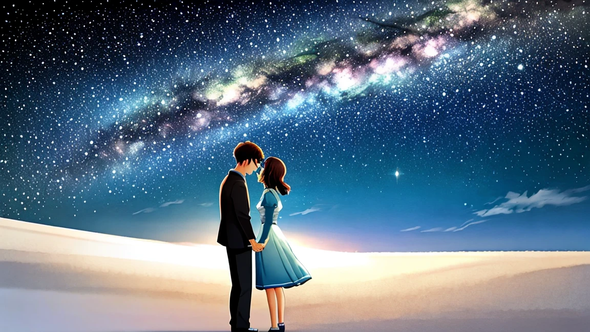Looking up at the Milky Way from atop a small hill、Young man and woman holding hands and looking at each other、Fantasy