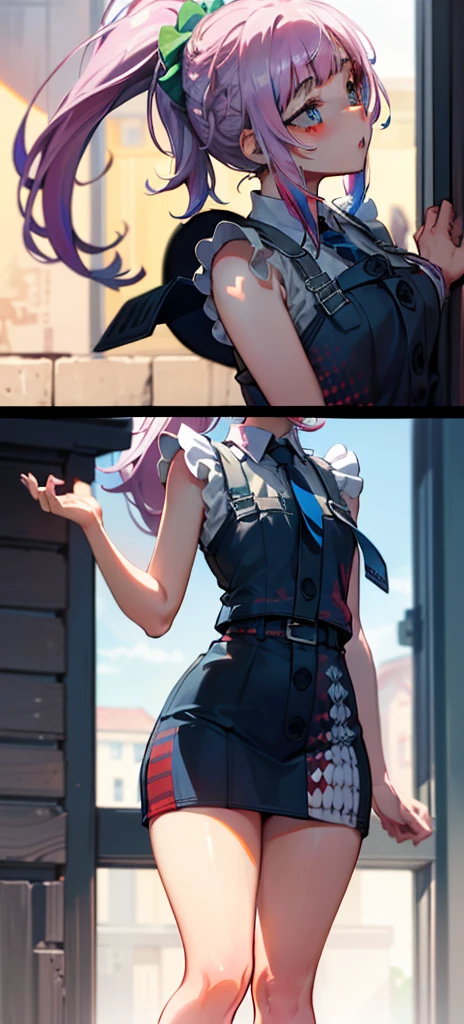 Jibril, (standing), blushed, perfect anatomy, detailed eyes, detailed lips, extremely detailed eyes and face, vivid colors, sharp focus, masterpiece:1.2, ultra-detailed, blushed, ((doggystyle)), (solo), ((tie)), sleeveless, ((((ponytail)))), story, (((charecter sheet))).