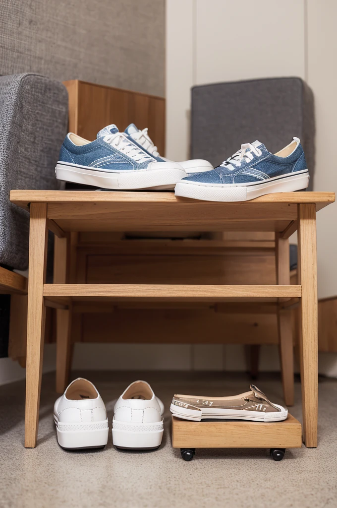 Shoe furniture that is very realistic, give me another image that does not have objects made with melamine, shoes that are men's, give me another image, another image, another image without shoes, please, the shoe furniture that is empty, just let the furniture appear, not the shoes.