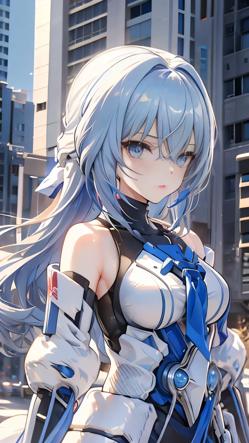 light blue hair, blunt bangs, bob cut, goggles on head, multicolored eyes, makeup, disgust, backlighting, masterpiece, accurate, super detail, award winning, highres, best quality, 8k, Cyberpunk, the world of science fiction movies, A Martian city in the year 2500, an android woman wearing a mechanic suit, background(Starry sky, meteor), Get down on one knee,