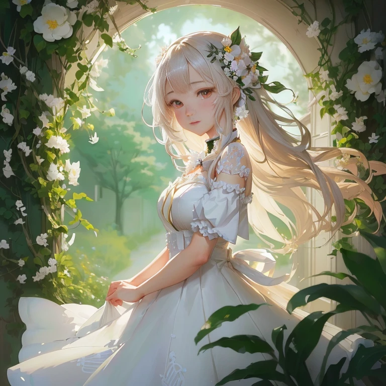 anime girl in a white dress standing in a doorway with flowers in her hair, beautiful anime portrait, cute anime waifu in a nice dress, guweiz on pixiv artstation, in dress, guweiz on artstation pixiv, beautiful anime art, trending on artstation pixiv, beautiful maiden, beautiful anime, beautiful anime girl