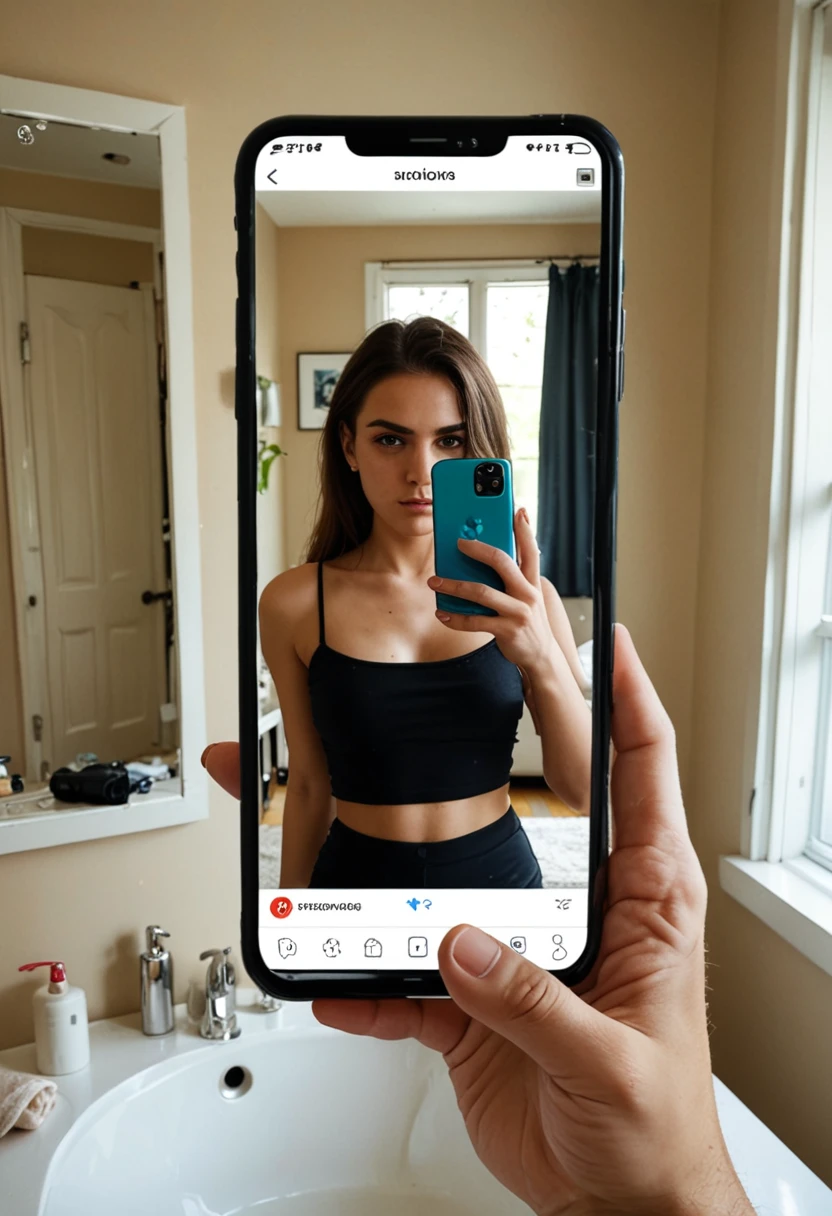 Holding your phone in your hand, pouting, taking a selfie in the small mirror as if it were in the bathroom or living room