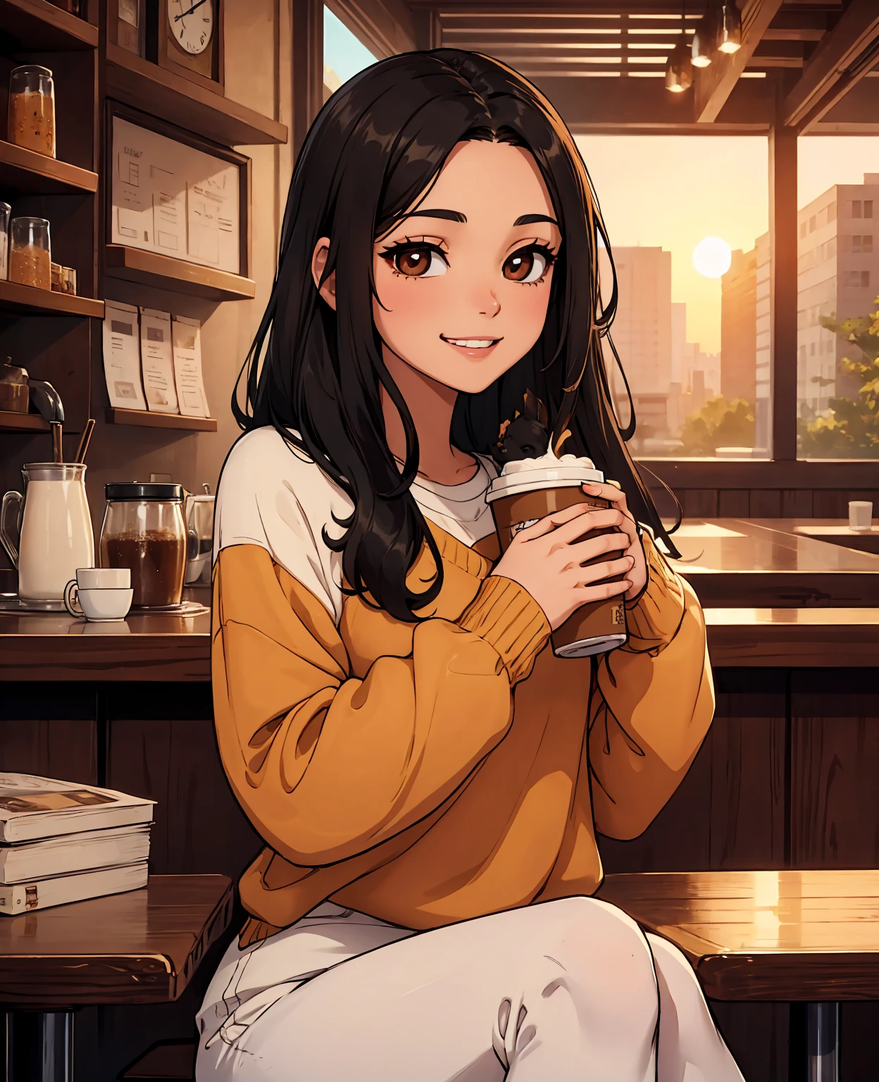 Cute black long straight hair brown eyes round face girl wearing brown sweater sitting in café drinking coffee, sunset, toothy smile without bangs, holding a poodle puppy in her arms