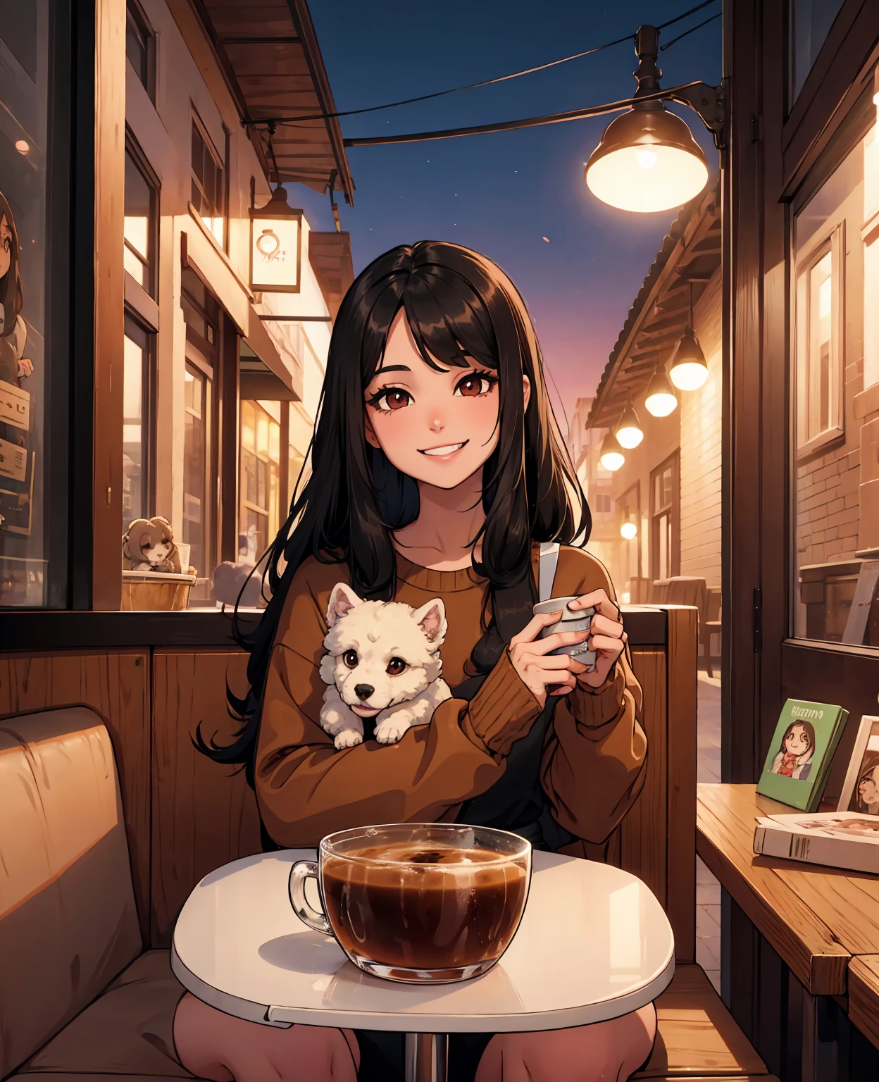 Cute black long straight hair brown eyes round face girl wearing brown sweater sitting in café drinking coffee, sunset, toothy smile without bangs, holding a poodle puppy in her arms