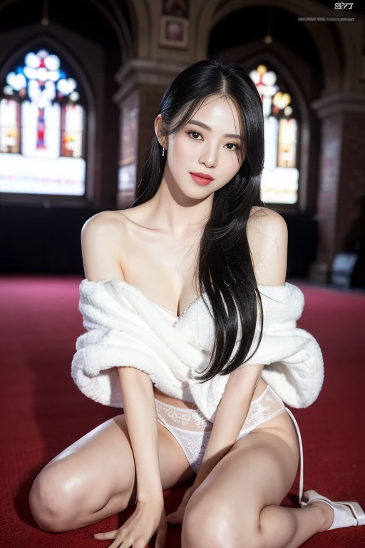 , ( body), Solitary,Long gray hair,black hair color, Off-shoulder, black eyes,1 Sister,A sexy p,best quality,masterpiece,Lighting,Extremely exquisite and beautiful,CG,Unite,8k wallpaper,Astonishing,detailed,masterpiece,Official Art,The content is very detailed Cg Unite 8k wallpaper,Extremely ridiculous,Huge file size,ultra - detailed,high resolution,The content is very detailed,Beautiful and delicate girl,Practical,full,Inside the church,Light Contrast, Lopez, Full body image, full, White under underwear