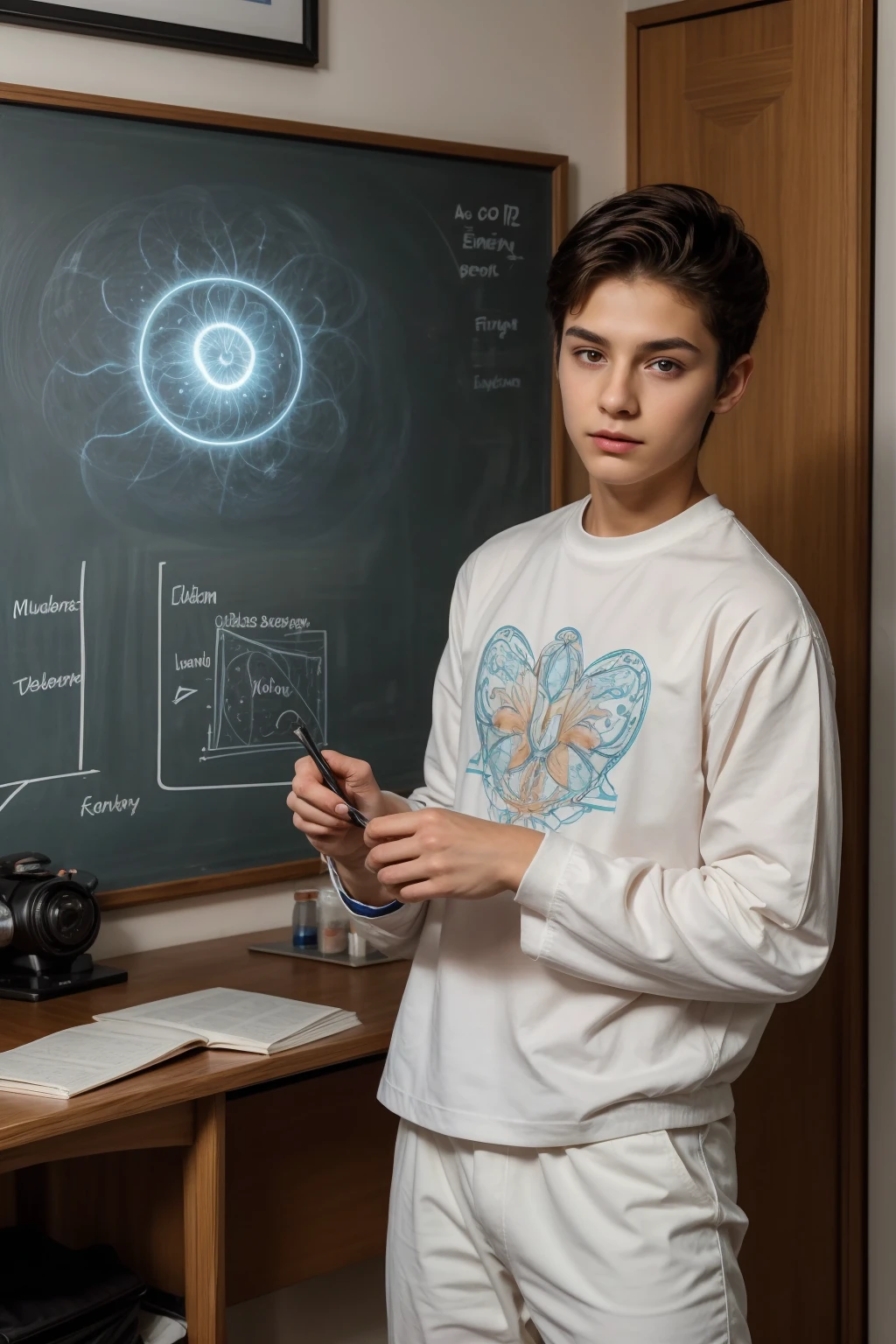 A beautiful young male twink, cute, with black hair and a face with reddish makeup, wearing a bright white long-sleeved shirt and aqua blue pants. He is in his office, and behind him is a blackboard on which is written the shape of the brain and its ???????, and nuclear energy comes out of it, and he has a face with makeup and  Red cheeks