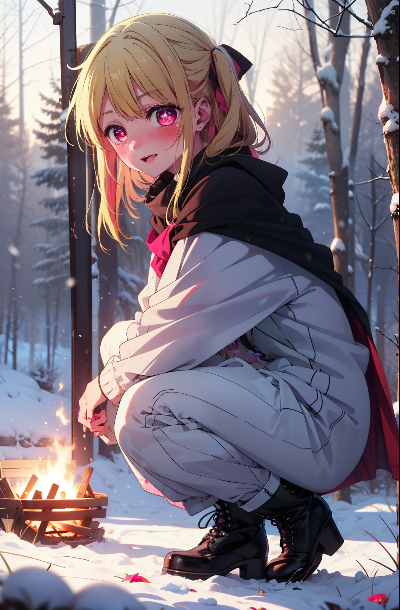 rubyhoshino, Hoshino Ruby, Long Hair, bangs, blonde, (Pink Eyes:1.3), Side Lock, (Symbol-shaped pupil:1.5), Multicolored Hair, Two-tone hair, smile,,smile,blush,White Breath,
Open your mouth,snow,Ground bonfire, Outdoor, boots, snowing, From the side, wood, suitcase, Cape, Blurred, , forest, White handbag, nature, Squat, Mouth closed, Cape, winter, Written boundary depth, Black shoes, red Cape break looking at viewer, Upper Body, whole body, break Outdoor, forest, nature, break (masterpiece:1.2), Highest quality, High resolution, unity 8k wallpaper, (shape:0.8), (Beautiful and beautiful eyes:1.6), Highly detailed face, Perfect lighting, Extremely detailed CG, (Perfect hands, Perfect Anatomy),