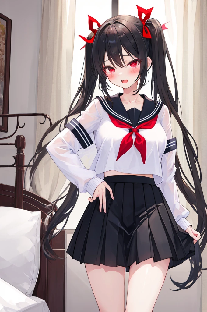 A woman with big ,ahegao,Black long hair,twintails,Exquisite,Charm,Red ribbon,((transparent))Sailor Suit,Slim waist,Playful skirt,blush,bedroom,A cute daughter,