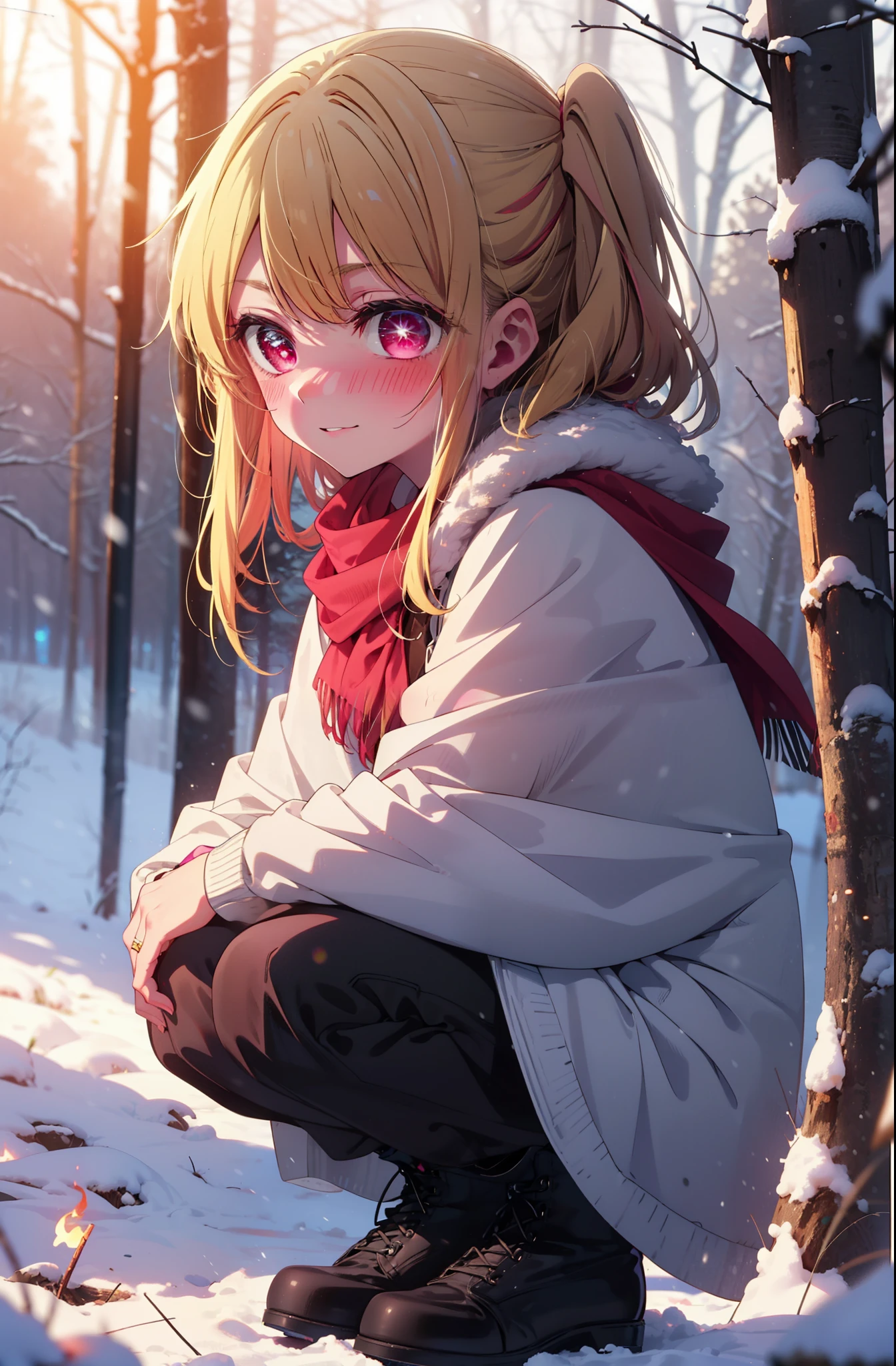 rubyhoshino, Hoshino Ruby, Long Hair, bangs, blonde, (Pink Eyes:1.3), Side Lock, (Symbol-shaped pupil:1.5), Multicolored Hair, Two-tone hair, smile,,smile,blush,White Breath,
Open your mouth,snow,Ground bonfire, Outdoor, boots, snowing, From the side, wood, suitcase, Cape, Blurred, , forest, White handbag, nature, Squat, Mouth closed, Cape, winter, Written boundary depth, Black shoes, red Cape break looking at viewer, Upper Body, whole body, break Outdoor, forest, nature, break (masterpiece:1.2), Highest quality, High resolution, unity 8k wallpaper, (shape:0.8), (Beautiful and beautiful eyes:1.6), Highly detailed face, Perfect lighting, Extremely detailed CG, (Perfect hands, Perfect Anatomy),