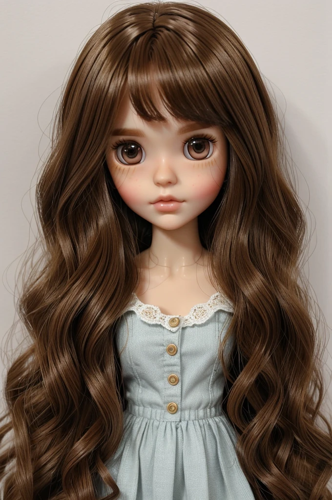 Make me a Blythe doll with white skin, honey eyes, long wavy hair and brown hair.