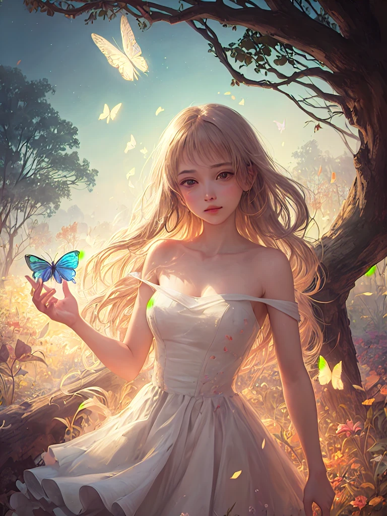 1girl, solo, full body, (masterpiece:1.21), (best quality:1.2), colorful, (illustration:1.2), (cinematic lighting:1.1), (bare shoulders:1.21), (collarbone:1.21)
In this whimsical and fantastical garden, the scene is illuminated by a rainbow of (colorful fireflies), dancing and fluttering in the air. The garden is decorated by a gentle (drizzle), creating a misty and ethereal atmosphere. In the center of the scene, there is a single girl, an extremely delicate and beautiful girl, with cute features and an innocent expression. Her long hair is flowing with the wind. She is wearing no shoulder straps dress, which is ultra low cut, highlighting her delicate curves.

The lighting is very delicate and beautiful, creating a soft and warm glow that highlights the water, making it sparkle like diamonds. The finest grass is also illuminated, creating a lush and verdant carpet. The garden is surrounded by colorful flower fields, with blooms of every color and shape. (Colorful butterflies), of every shade and size, can be seen fluttering around the scene, adding to the overall sense of wonder and magic. (look ai viewer),A blush can be seen on her nose, and her mouth is slightly open, adding to the overall sense of innocence and youthfulness. Falling petals can be seen floating around her, adding to the overall sense of romance and beauty. A gentle wind is blowing through the scene, making the leaves rustle and the flowers sway, adding to the overall sense of movement and life. This is a scene of pure wonder and magic, filled with color and beauty, where the viewer can lose themselves in the enchanting and captivating world.