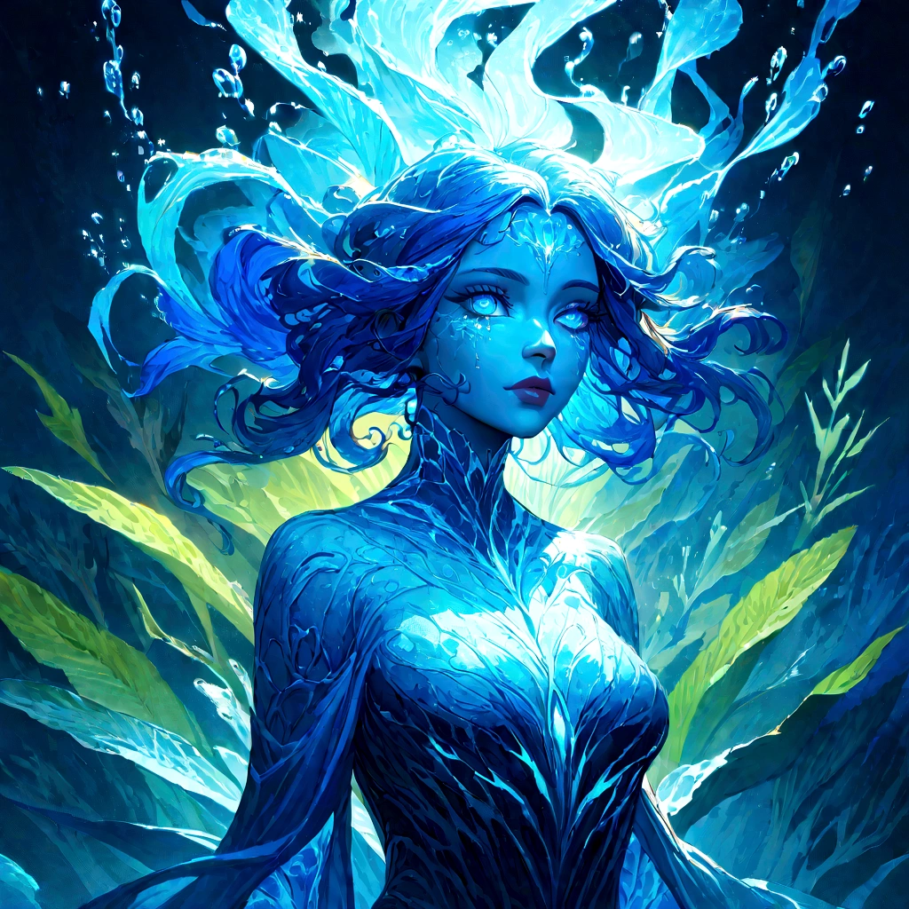 a genasi made of water, woman with water-like skin and flowing blue hair, beautiful detailed eyes, beautiful detailed lips, extremely detailed face, long eyelashes, graceful pose, underwater scene, glowing bioluminescent plants, ethereal lighting, cinematic, dramatic, vibrant colors, fantasy, digital painting, 8k, hyper detailed, masterpiece