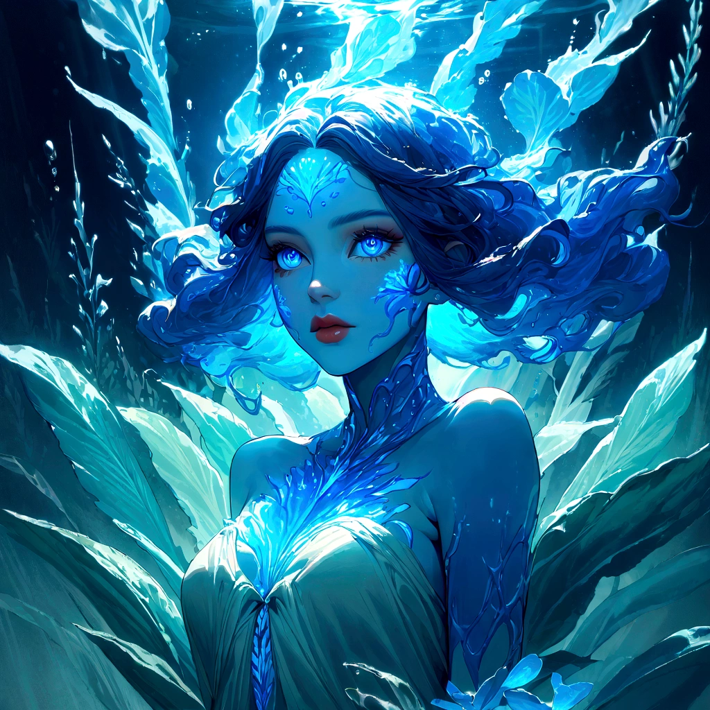 a genasi made of water, woman with water-like skin and flowing blue hair, beautiful detailed eyes, beautiful detailed lips, extremely detailed face, long eyelashes, graceful pose, underwater scene, glowing bioluminescent plants, ethereal lighting, cinematic, dramatic, vibrant colors, fantasy, digital painting, 8k, hyper detailed, masterpiece