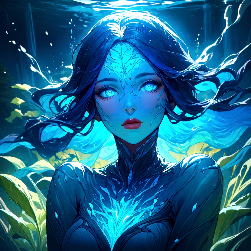 a genasi made of water, woman with water-like skin and flowing blue hair, beautiful detailed eyes, beautiful detailed lips, extremely detailed face, long eyelashes, graceful pose, underwater scene, glowing bioluminescent plants, ethereal lighting, cinematic, dramatic, vibrant colors, fantasy, digital painting, 8k, hyper detailed, masterpiece