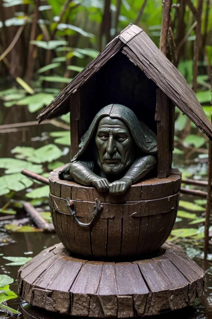 Baba Yaga on a mortar in the swamp