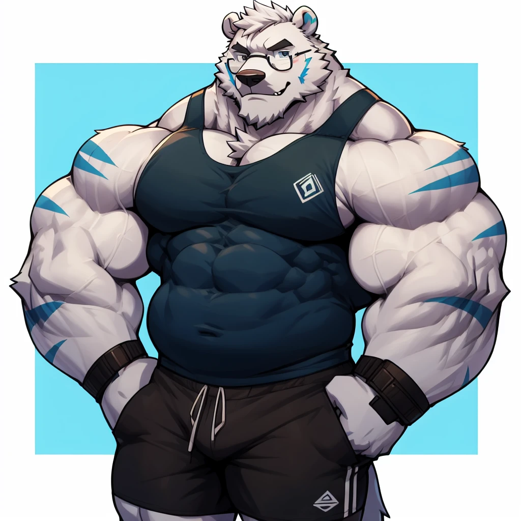 solo, 1boy, Huge Chubby Muscular White Polar Bear wearing glasses, huge white fur, pectoral, huge pectoral, wide pectoral, short white hair, blue colored short pants, blue colored wristbands and blue colored tank top, white bearded, white Mustache, white fur, simple background, masterpiece, high detailed, 8k, high resolution, at the gym, flexes huge muscles