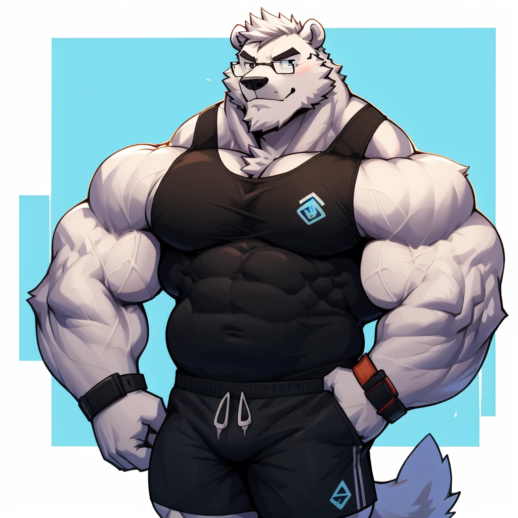 solo, 1boy, Huge Chubby Muscular White Polar Bear wearing glasses, huge white fur, pectoral, huge pectoral, wide pectoral, short white hair, blue colored short pants, blue colored wristbands and blue colored tank top, white bearded, white Mustache, white fur, simple background, masterpiece, high detailed, 8k, high resolution, at the gym, flexes huge muscles