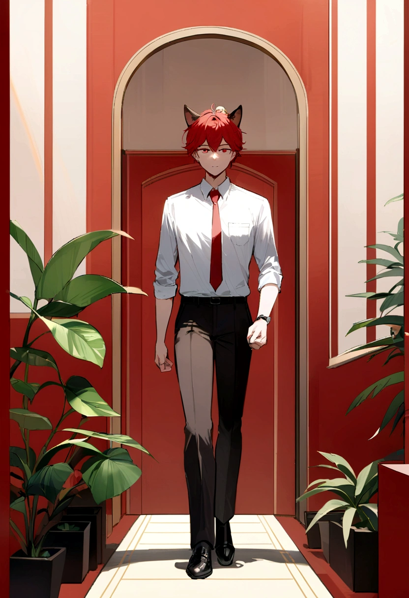 (best qualityer, work of art), 1 boy, crimson red eyes, long red hair, adult a pair of feline ears on the head, detailed hair, full body in office clothes 
