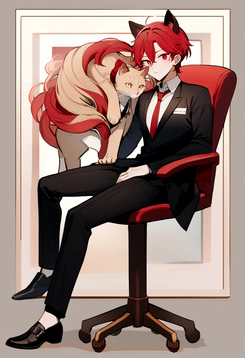 (best qualityer, work of art), 1 boy, crimson red eyes, long red hair, adult a pair of feline ears on the head, detailed hair, full body in office clothes