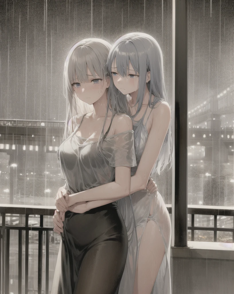 (1 boy, 1 girl),looking down, long dress, Long hair,outside, raining, soaking wet, storm, Heavy rain, railing, Bridge, crying, Mature body, medium breasts,(Hug from behind:1.2), sad expression,