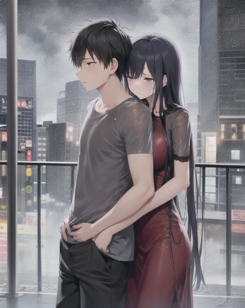 (1 boy, 1 girl),looking down, long dress, Long hair,outside, raining, soaking wet, storm, Heavy rain, railing, Bridge, crying, Mature body, medium breasts,(Hug from behind:1.2), sad expression,