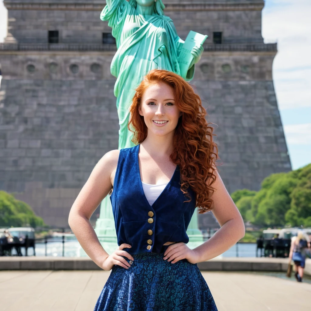 A New Zealand woman, Carina Longbottom, slender red-haired, 25-years-old, long auburn curly hair, big boops, beautiful face, wearing a colourful suede vest over an elegant shirt and wide skirt, posing in front of the statue of liberty