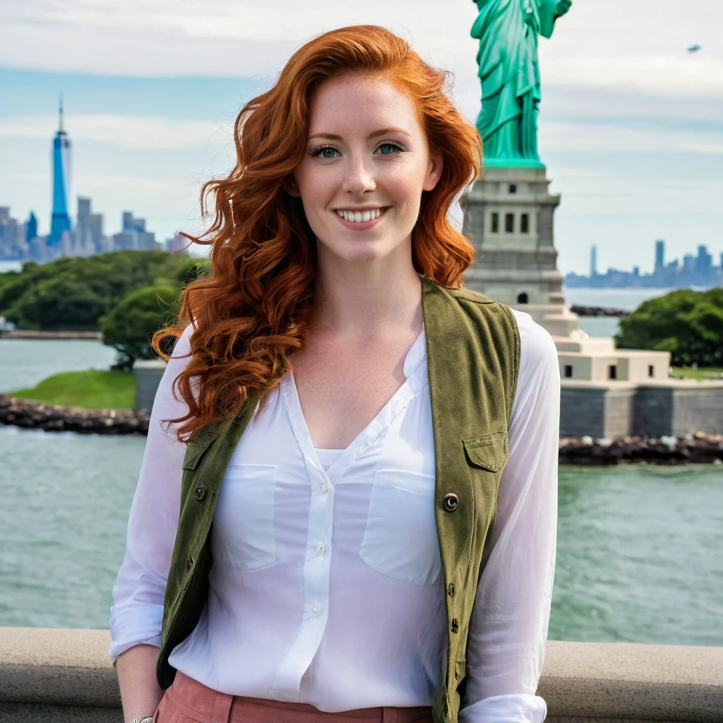 A New Zealand woman, Carina Longbottom, slender red-haired, 25-years-old, long auburn curly hair, big boops, beautiful face, wearing a colourful suede vest over an elegant shirt and wide skirt, posing in front of the statue of liberty