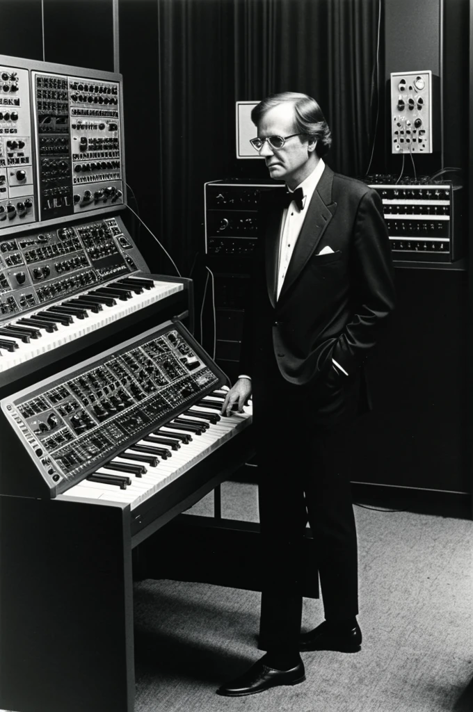 an old black and white photo of a man in a suit standing next to a, moog, moog modular synthesizer, moog hd, synthesizers, 1 9 8 0 s catalogue photo, synth, synthesizer, modular synth, synth vibe, Bob Singer, analogic synthsizer, modular, playing a korg ms-20 synthesizer, sid mead, Theodore Major, using synthesizer, synth feel, electronic music, 1 9 7 0 s analog aesthetic, in 1 9 8 0