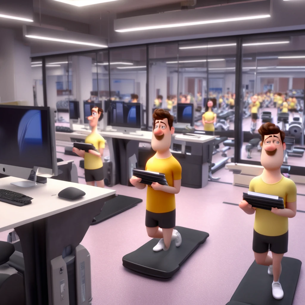 Work Gym: PIXAR style 3d ultra hd The character lifting dumbbells from stacks of documents and reports.
Exercise machines converted into workstations with keyboards and monitors.
Outros "athletes" running on treadmills while answering emails.