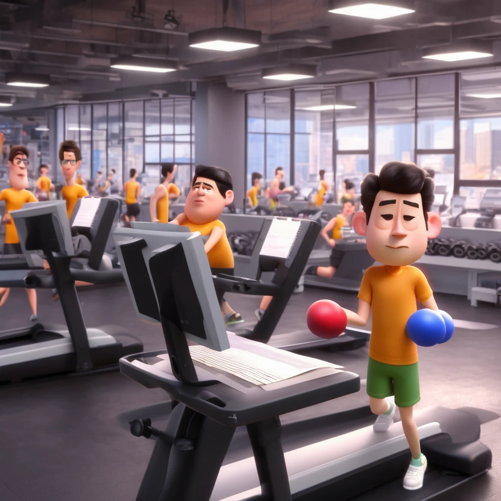 Work Gym: PIXAR style 3d ultra hd The character lifting dumbbells from stacks of documents and reports.
Exercise machines converted into workstations with keyboards and monitors.
Outros "athletes" running on treadmills while answering emails.