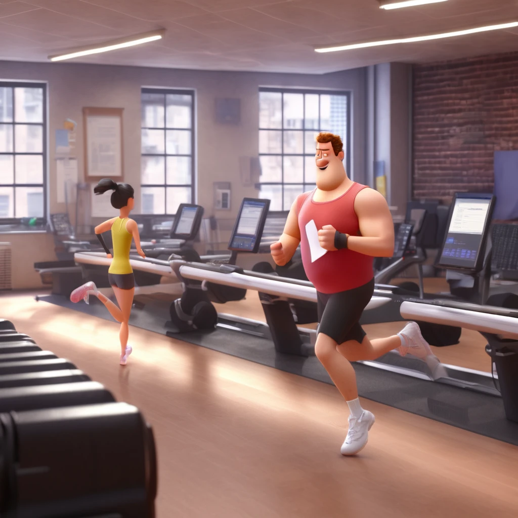 Work Gym: PIXAR style 3d ultra hd The character lifting dumbbells from stacks of documents and reports.
Exercise machines converted into workstations with keyboards and monitors.
Outros "athletes" running on treadmills while answering emails.